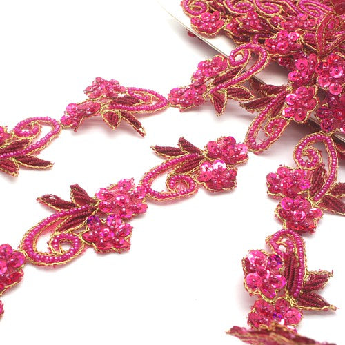 HOT PINK SEQUIN FLORAL BEADED TRIM - sarahi.NYC