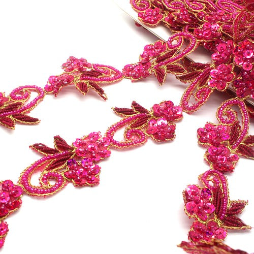 HOT PINK SEQUIN FLORAL BEADED TRIM - sarahi.NYC