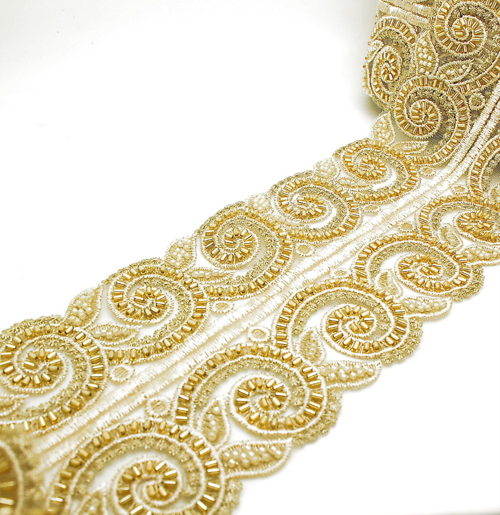 GOLD SWIRL BEADED NET TRIM - sarahi.NYC