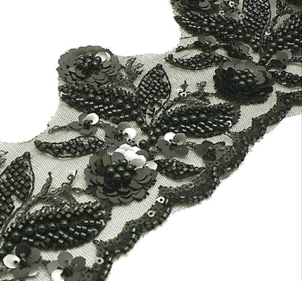 BLACK BEADED NET TRIM - sarahi.NYC