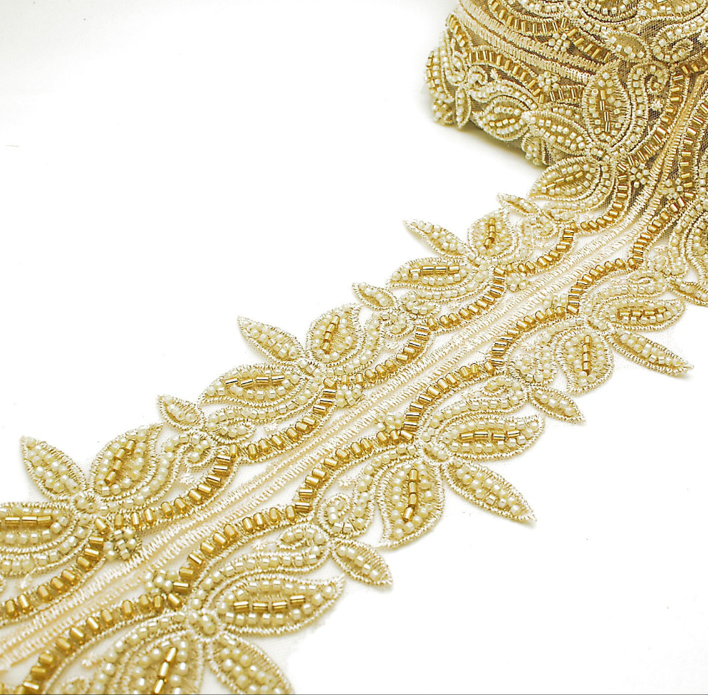 GOLD CREAM BEADED NET TRIM - sarahi.NYC