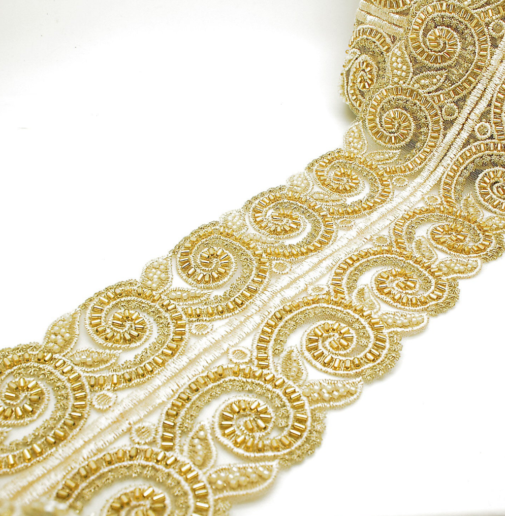 GOLD SWIRL BEADED NET TRIM - sarahi.NYC