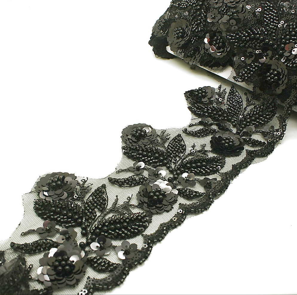 BLACK BEADED NET TRIM - sarahi.NYC