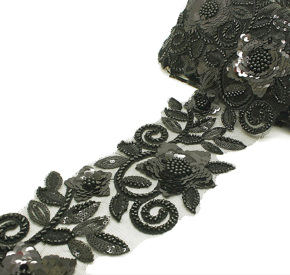 BLACK BEADED NET TRIM - sarahi.NYC