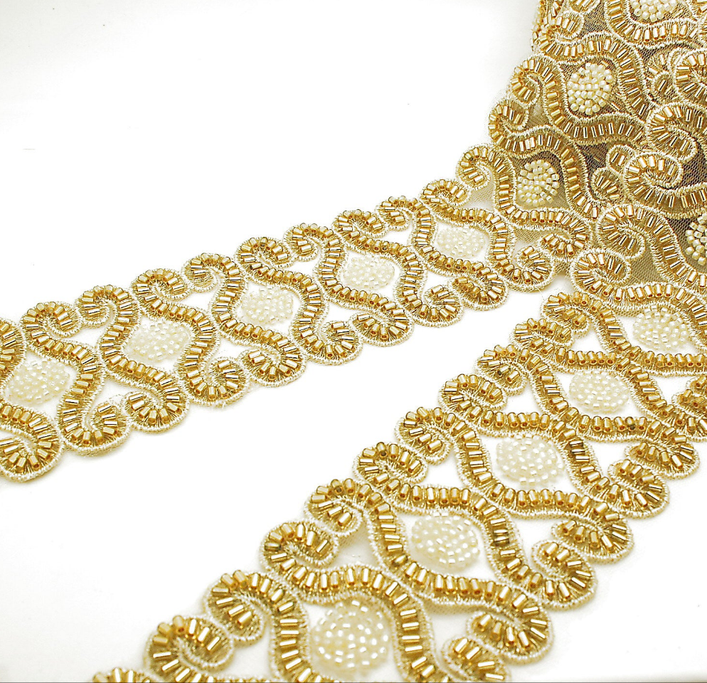 GOLD SWIRL BEADED NET TRIM - sarahi.NYC