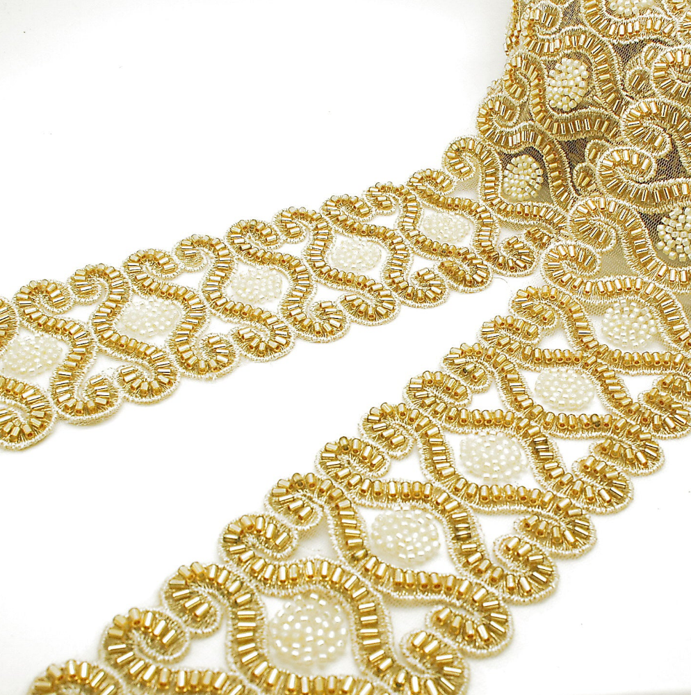 GOLD SWIRL BEADED NET TRIM - sarahi.NYC