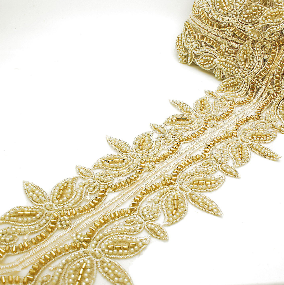 GOLD CREAM BEADED NET TRIM - sarahi.NYC