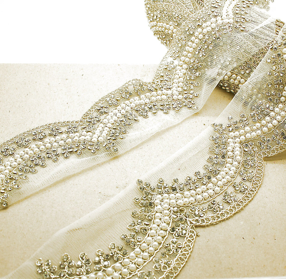 CREAM PEARL NET STONE TRIM - sarahi.NYC