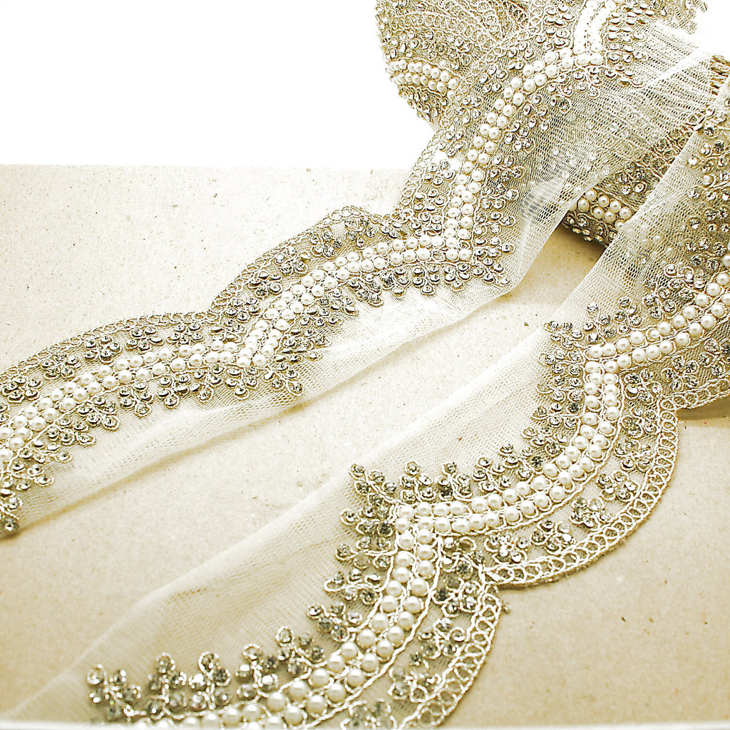 CREAM PEARL NET STONE TRIM - sarahi.NYC