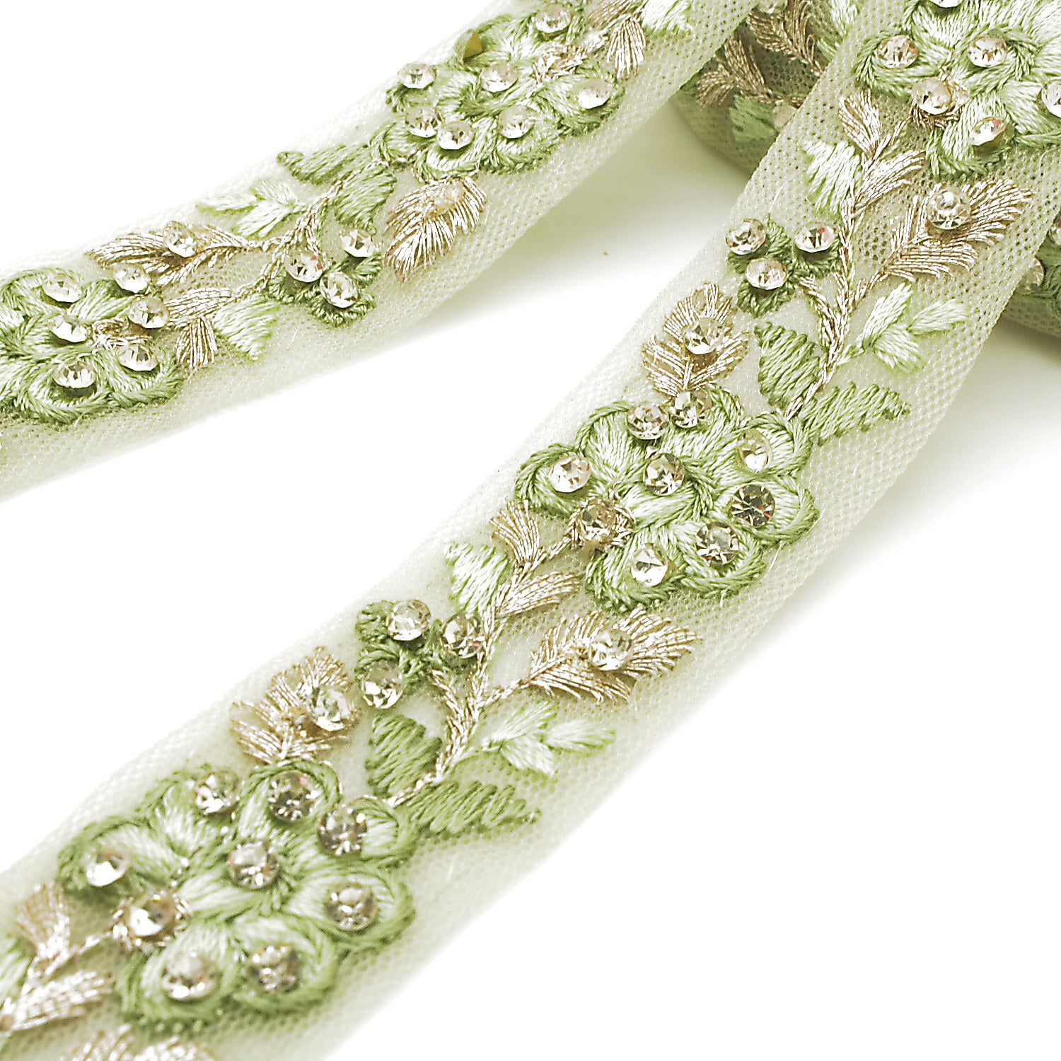 LIGHT GREEN GOLD EMBROIDERED STONE TRIM - sarahi.NYC