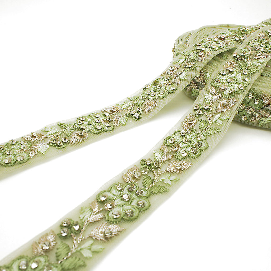 LIGHT GREEN GOLD EMBROIDERED STONE TRIM - sarahi.NYC