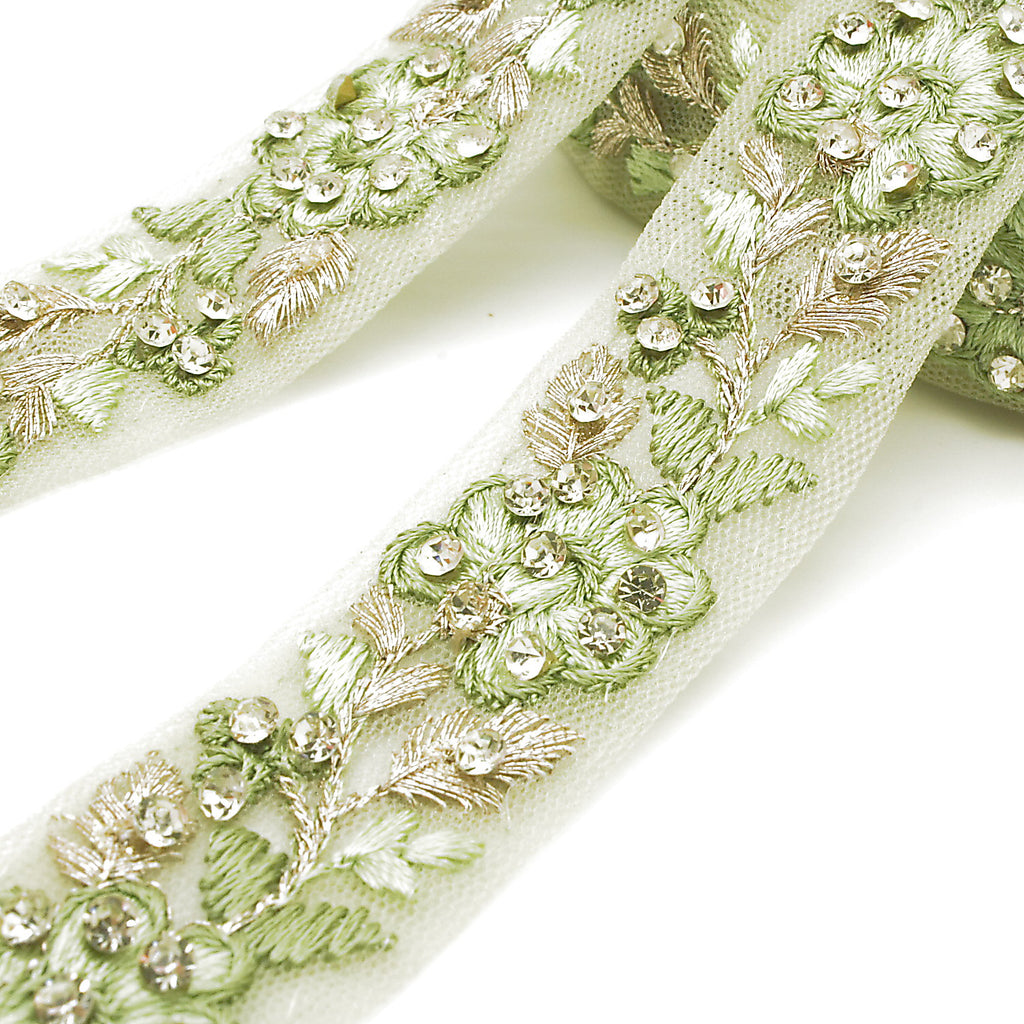 LIGHT GREEN GOLD EMBROIDERED STONE TRIM - sarahi.NYC