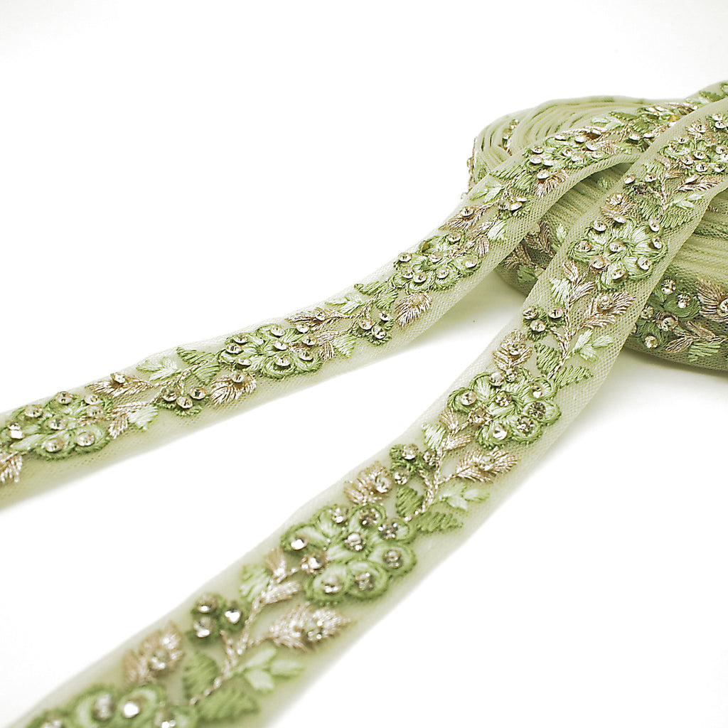 LIGHT GREEN GOLD EMBROIDERED STONE TRIM - sarahi.NYC