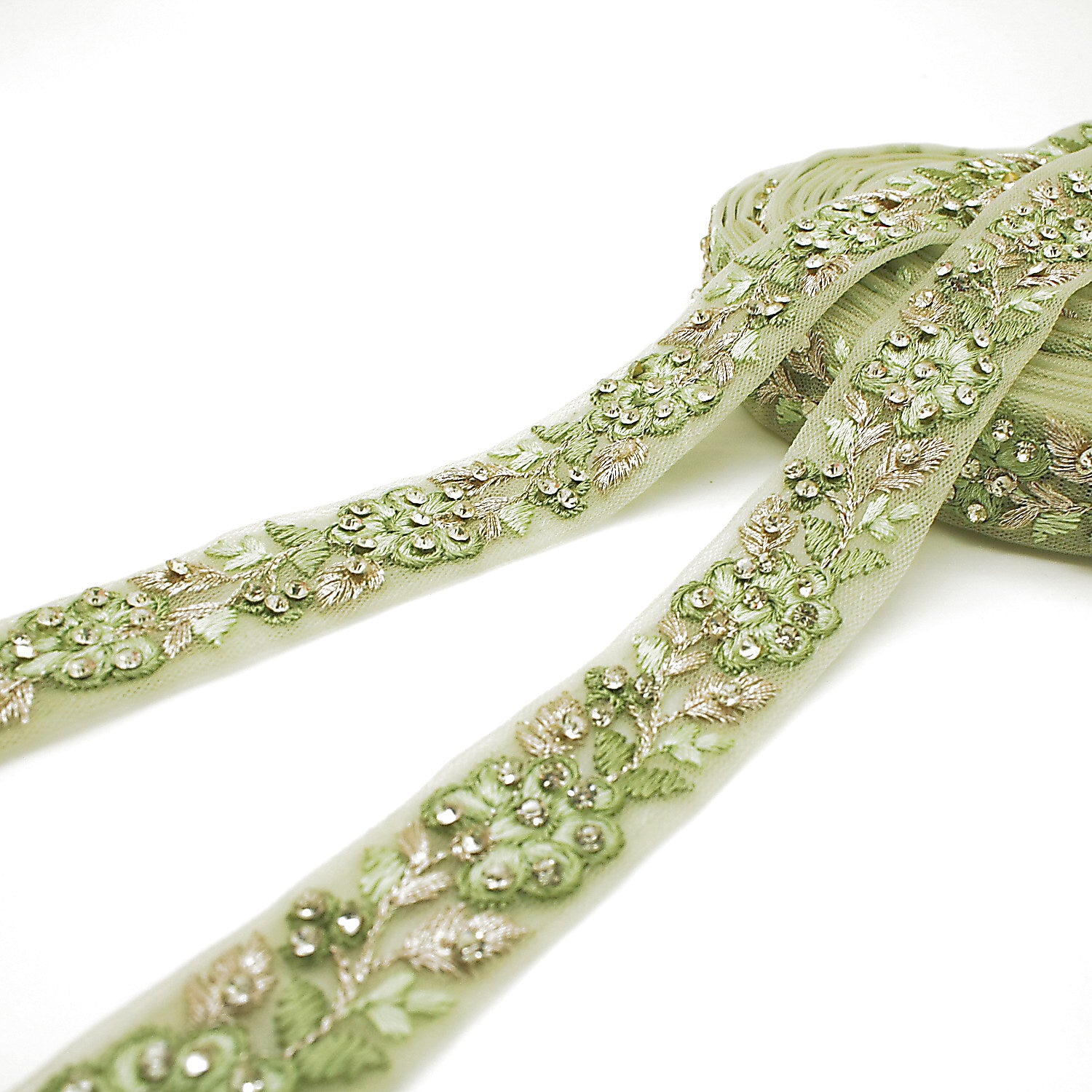 LIGHT GREEN GOLD EMBROIDERED STONE TRIM - sarahi.NYC