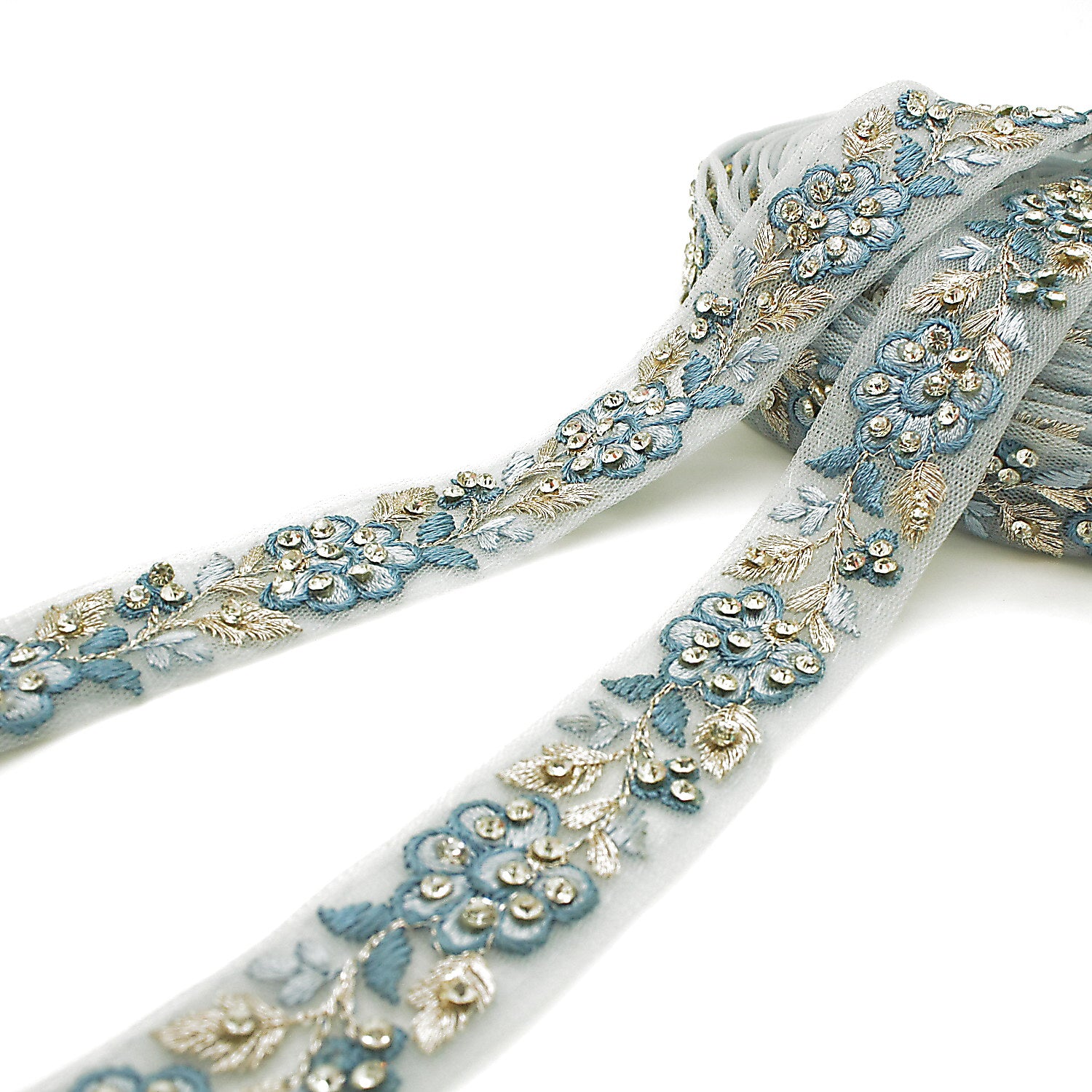 LIGHT BLUE EMBROIDERED STONE TRIM - sarahi.NYC