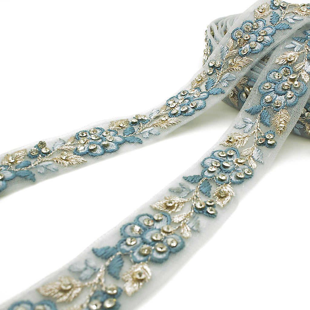LIGHT BLUE EMBROIDERED STONE TRIM - sarahi.NYC