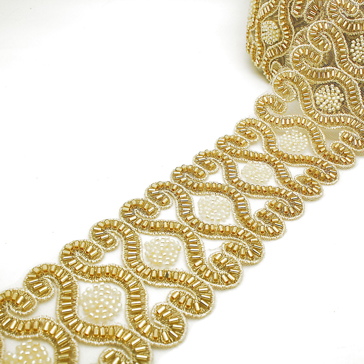 GOLD SWIRL BEADED NET TRIM - sarahi.NYC