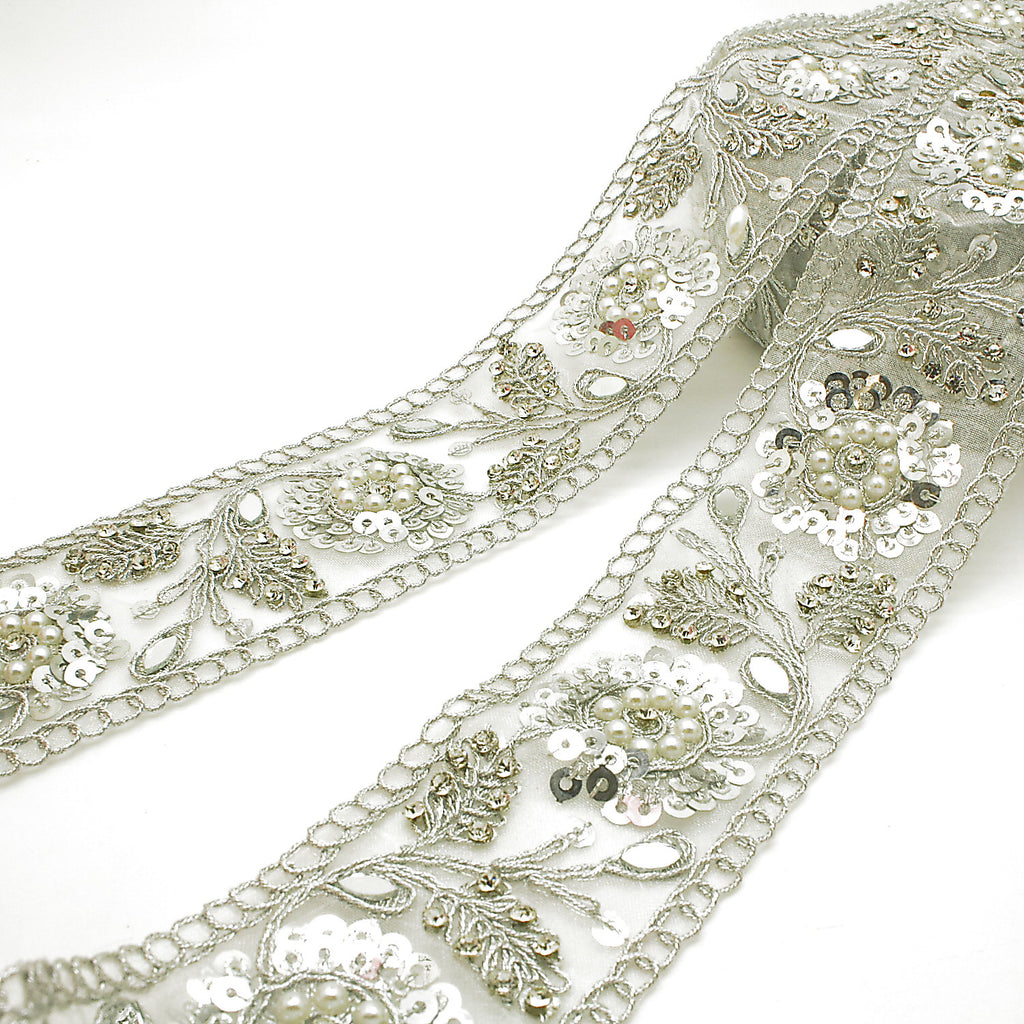 SILVER SEQUIN INTRICATE FLORAL RHINESTONE TRIM - sarahi.NYC
