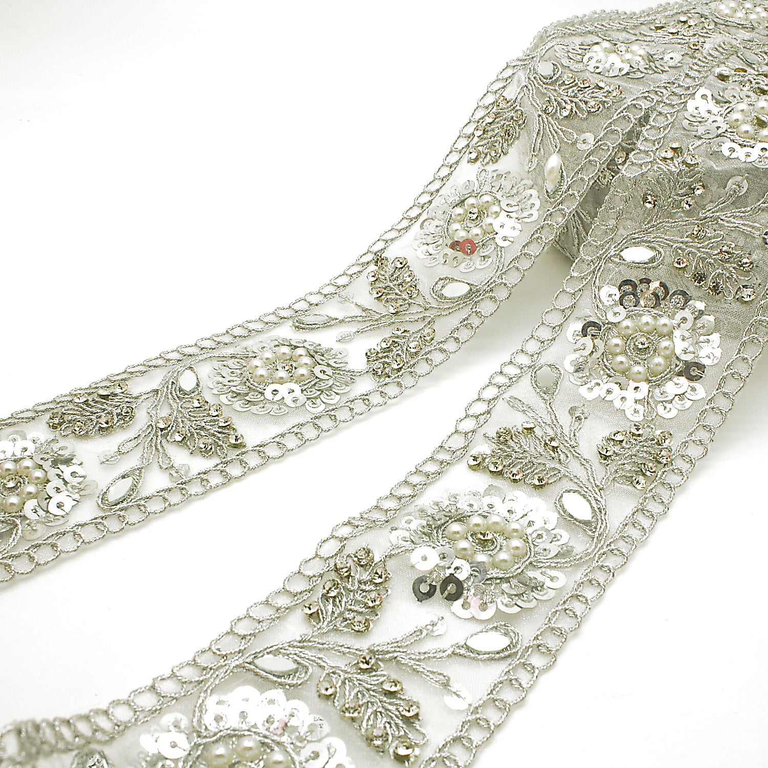 SILVER SEQUIN INTRICATE FLORAL RHINESTONE TRIM - sarahi.NYC