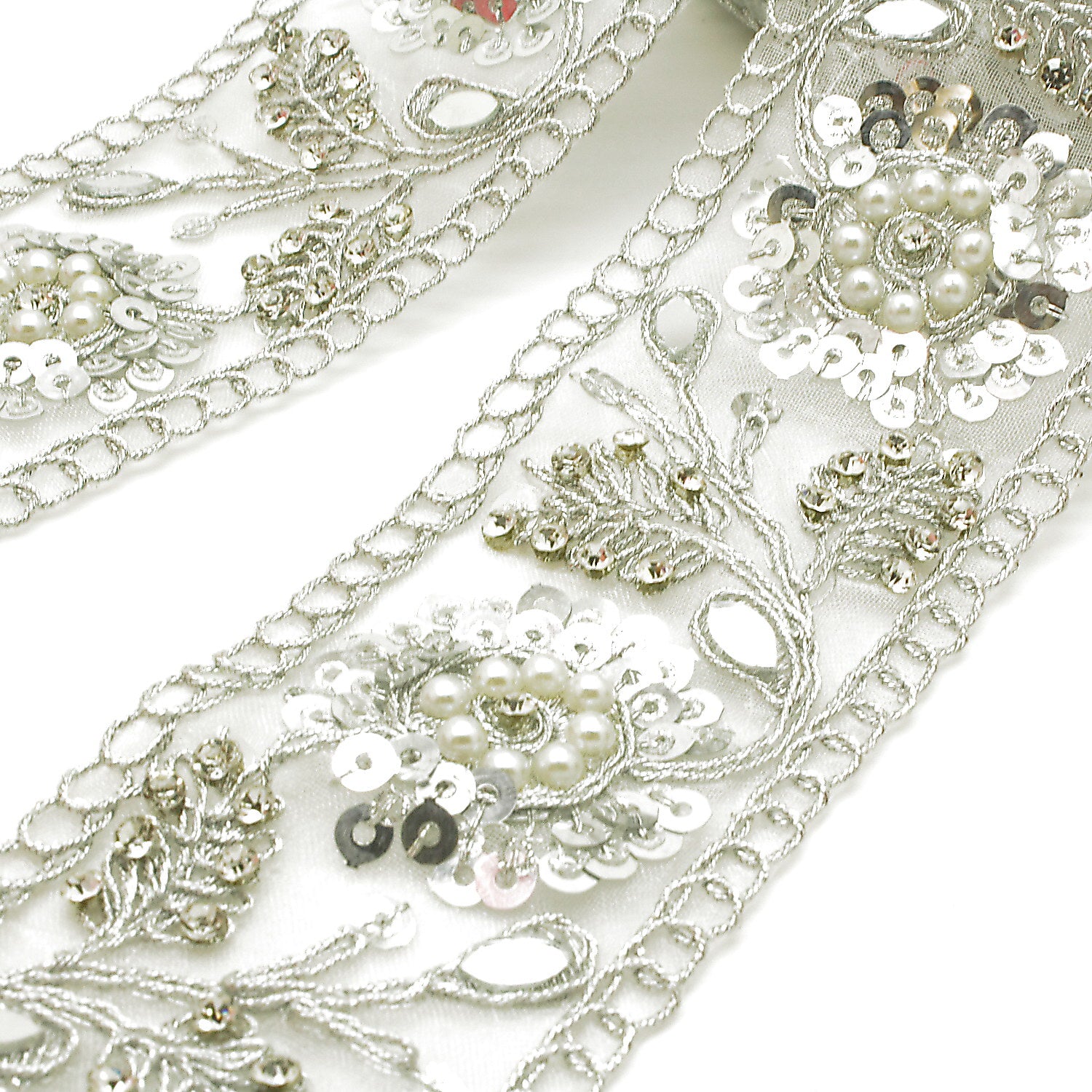 SILVER SEQUIN INTRICATE FLORAL RHINESTONE TRIM - sarahi.NYC