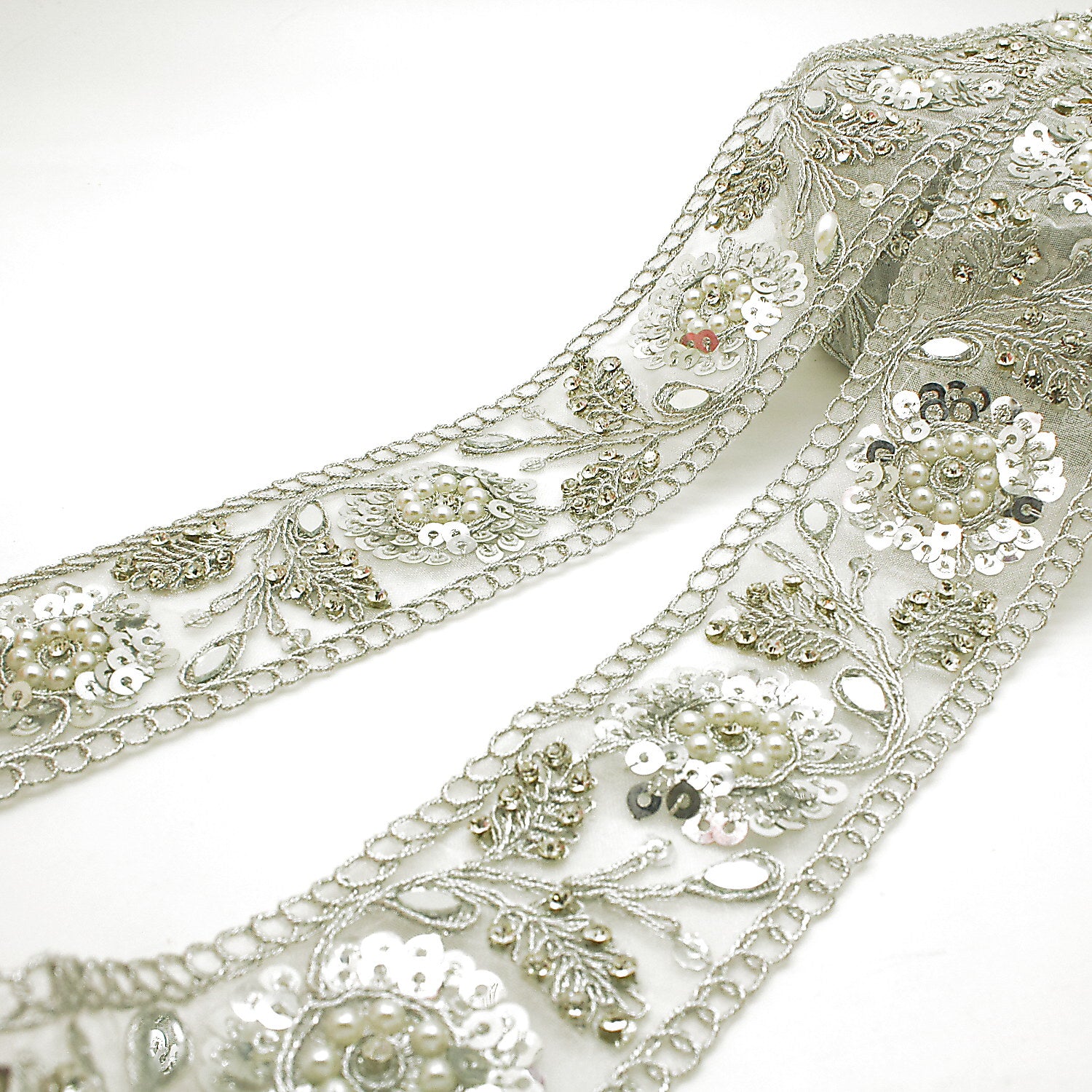 SILVER SEQUIN INTRICATE FLORAL RHINESTONE TRIM - sarahi.NYC