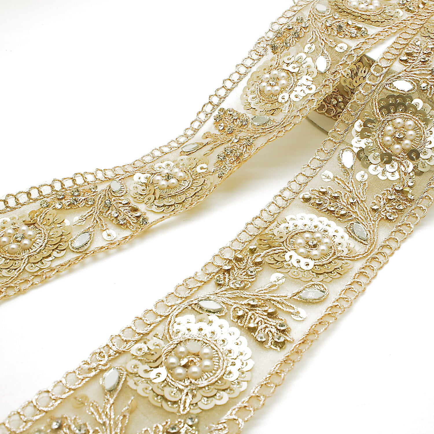 GOLD SEQUIN INTRICATE FLORAL RHINESTONE TRIM - sarahi.NYC