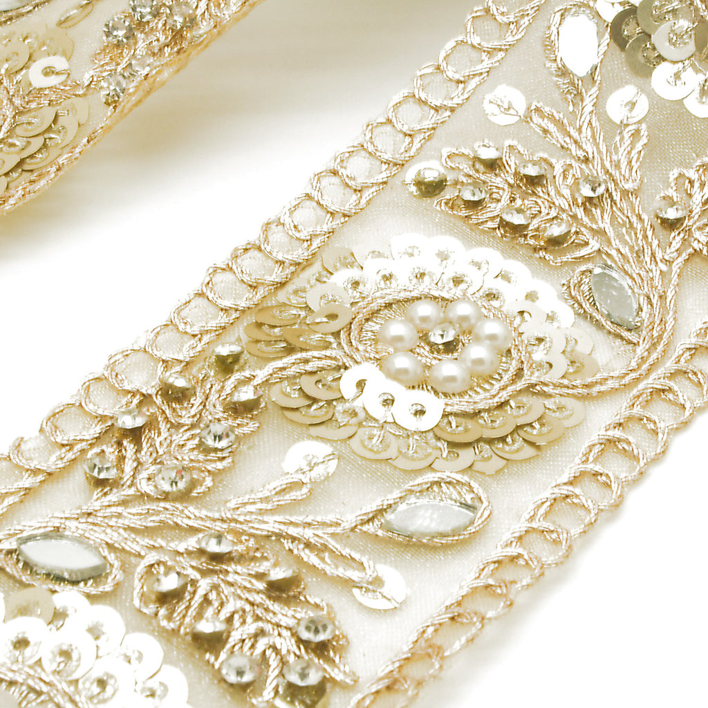 GOLD SEQUIN INTRICATE FLORAL RHINESTONE TRIM - sarahi.NYC