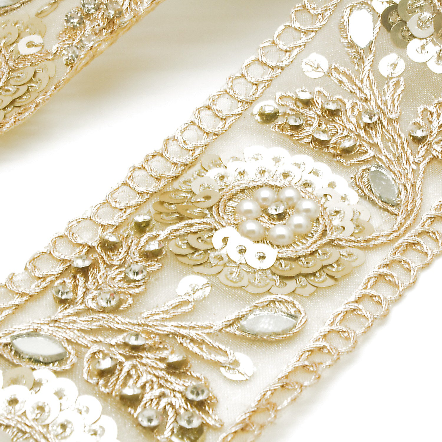 GOLD SEQUIN INTRICATE FLORAL RHINESTONE TRIM - sarahi.NYC