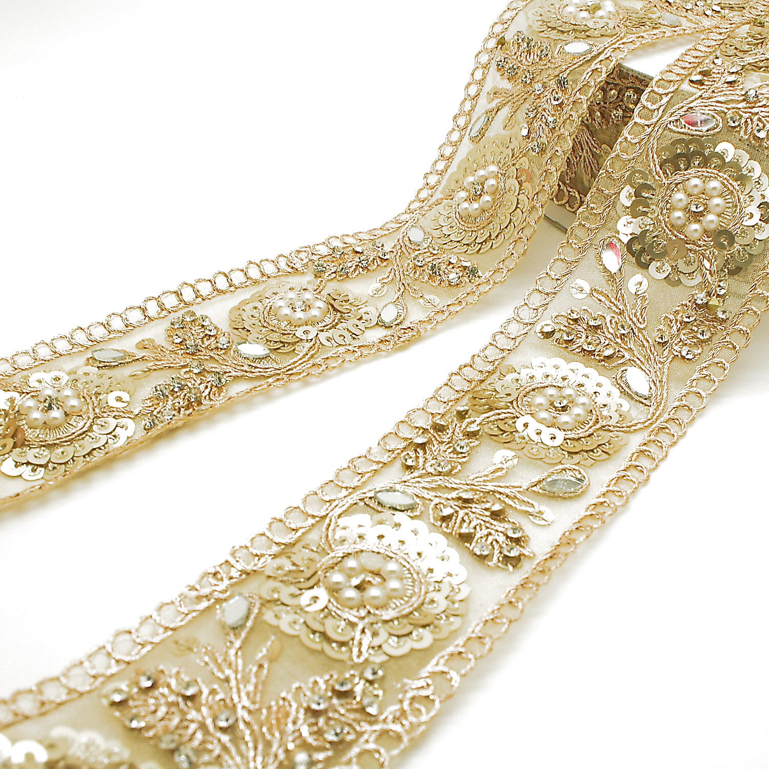 GOLD SEQUIN INTRICATE FLORAL RHINESTONE TRIM - sarahi.NYC