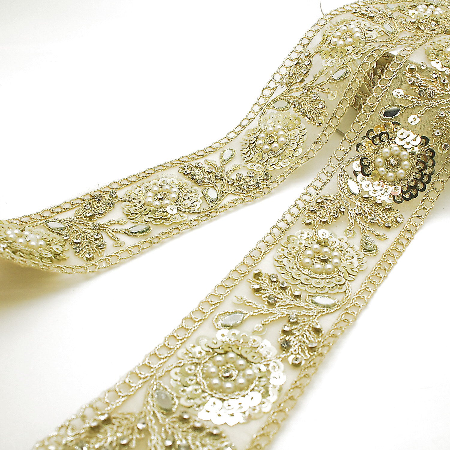 LIGHT GOLD SEQUIN INTRICATE FLORAL RHINESTONE TRIM - sarahi.NYC
