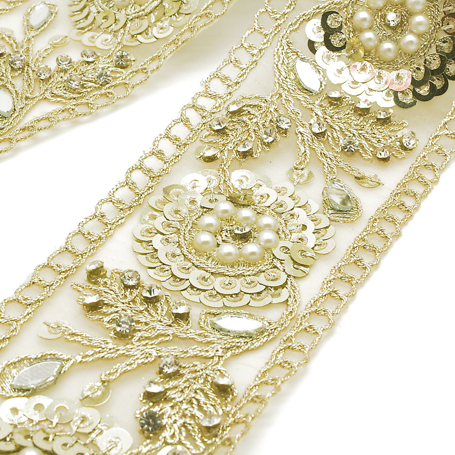 LIGHT GOLD SEQUIN INTRICATE FLORAL RHINESTONE TRIM - sarahi.NYC