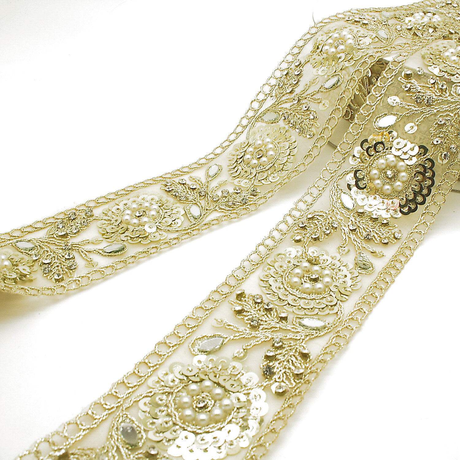 LIGHT GOLD SEQUIN INTRICATE FLORAL RHINESTONE TRIM - sarahi.NYC