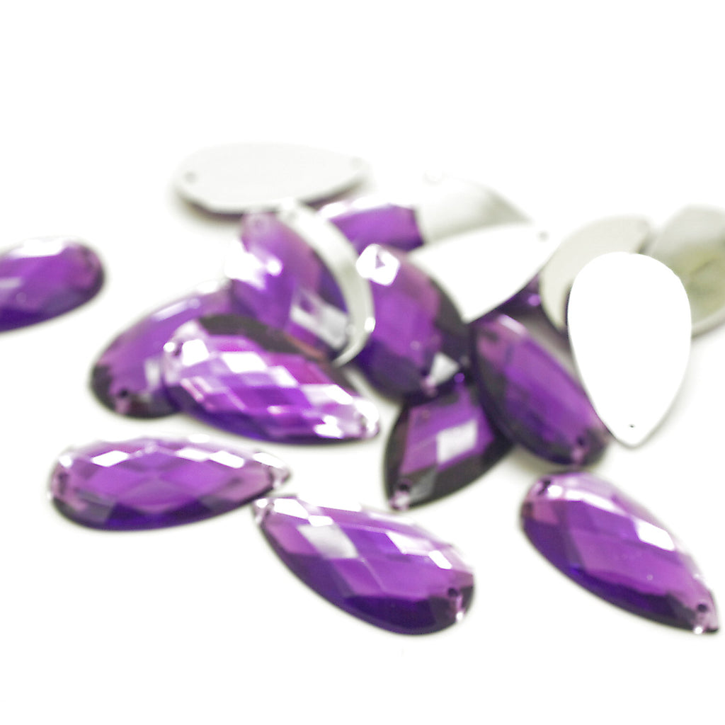 PURPLE - PACK OF 10 - TEARDROP 28 mm FLAT BACK RHINESTONE GEMS - sarahi.NYC