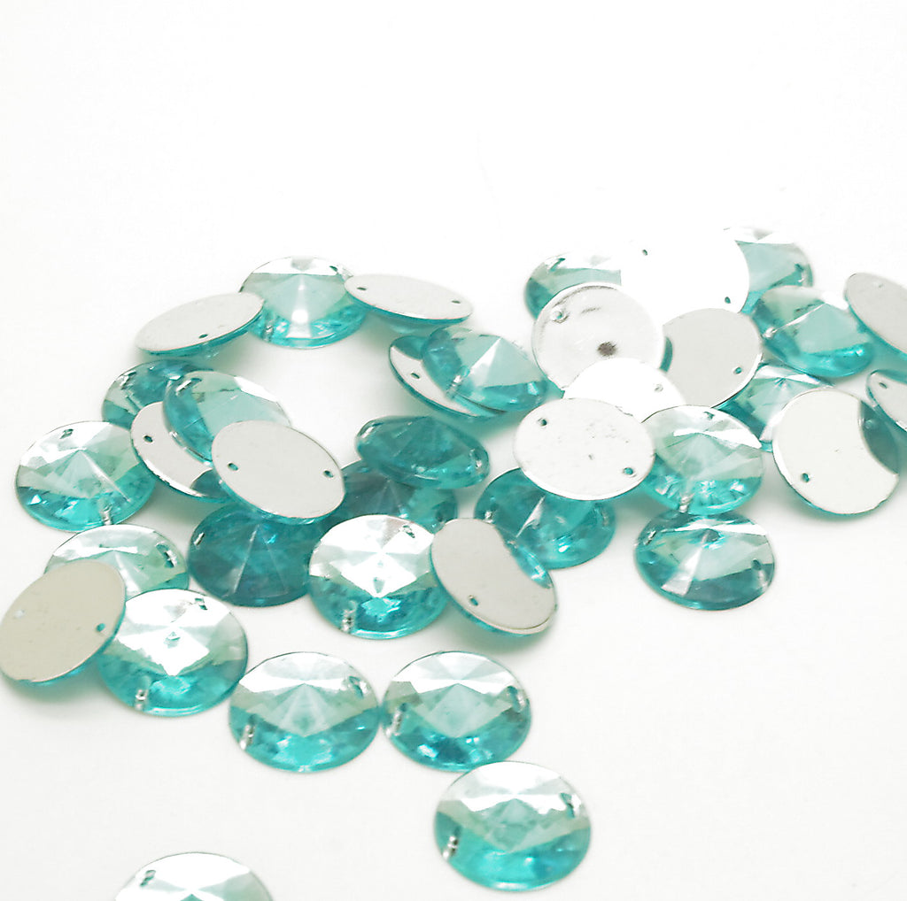 PACK OF 50 - LIGHT BLUE ROUND 14 mm FLAT BACK RHINESTONE GEMS - sarahi.NYC