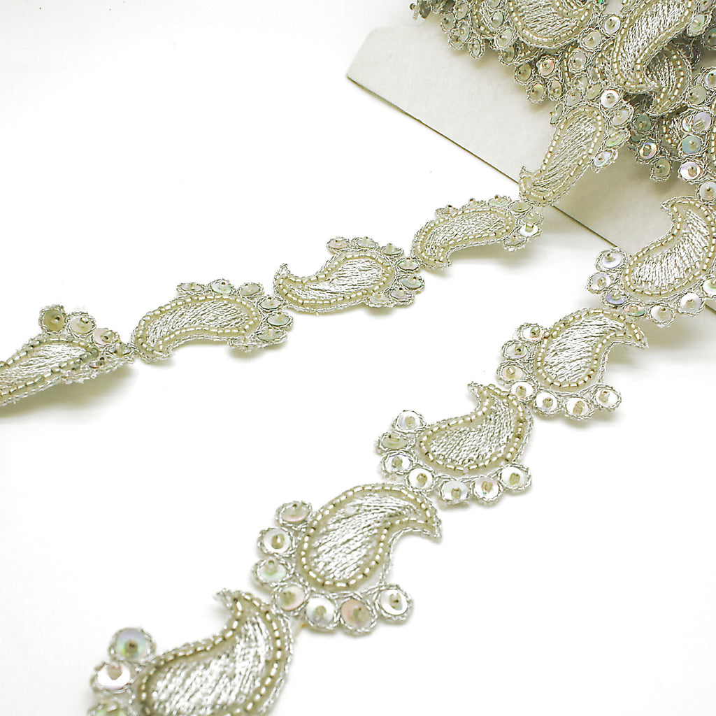 SILVER PAISLEY SEQUIN  BEADED TRIM - sarahi.NYC
