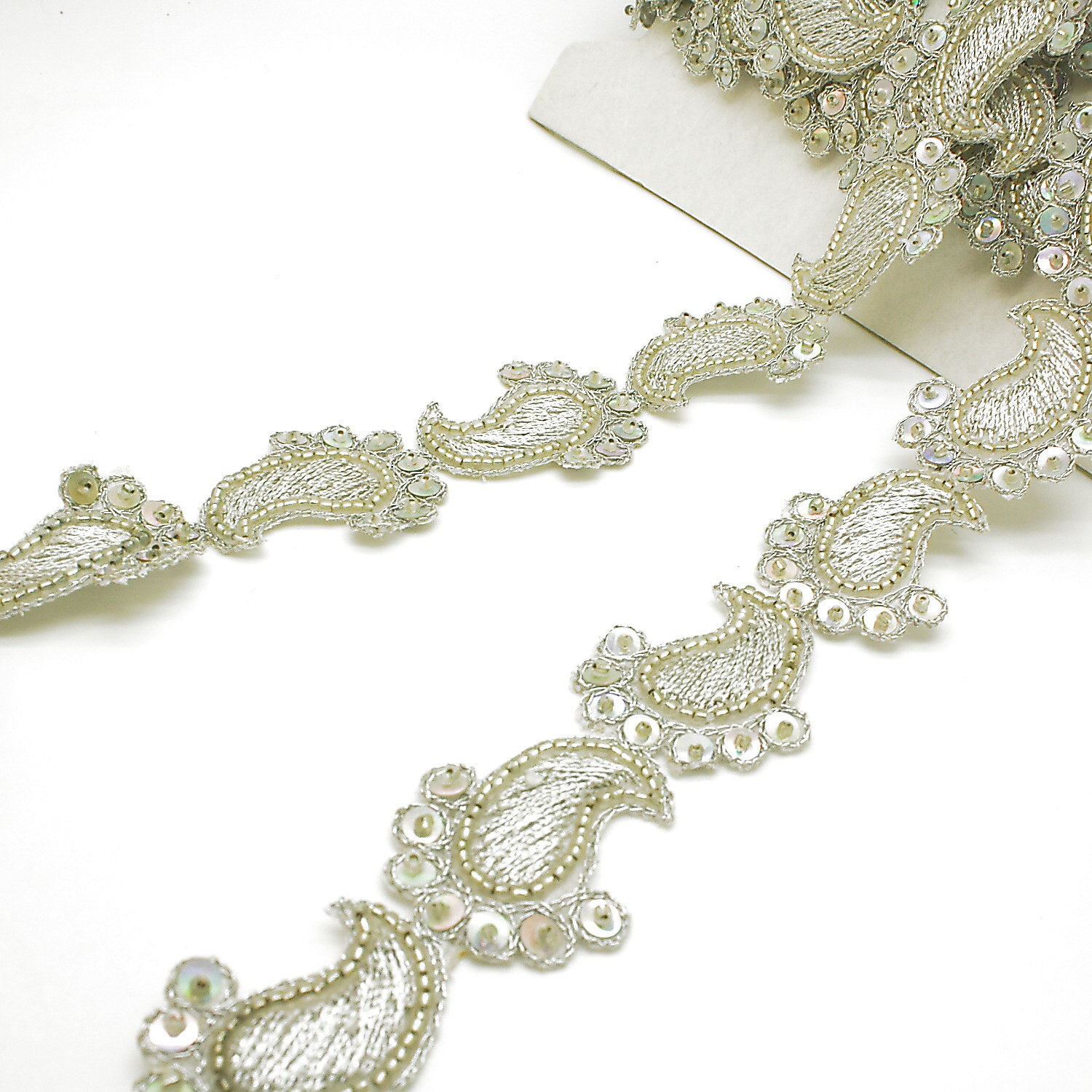 SILVER PAISLEY SEQUIN  BEADED TRIM - sarahi.NYC