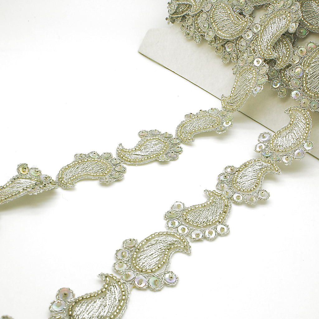 SILVER PAISLEY SEQUIN  BEADED TRIM - sarahi.NYC