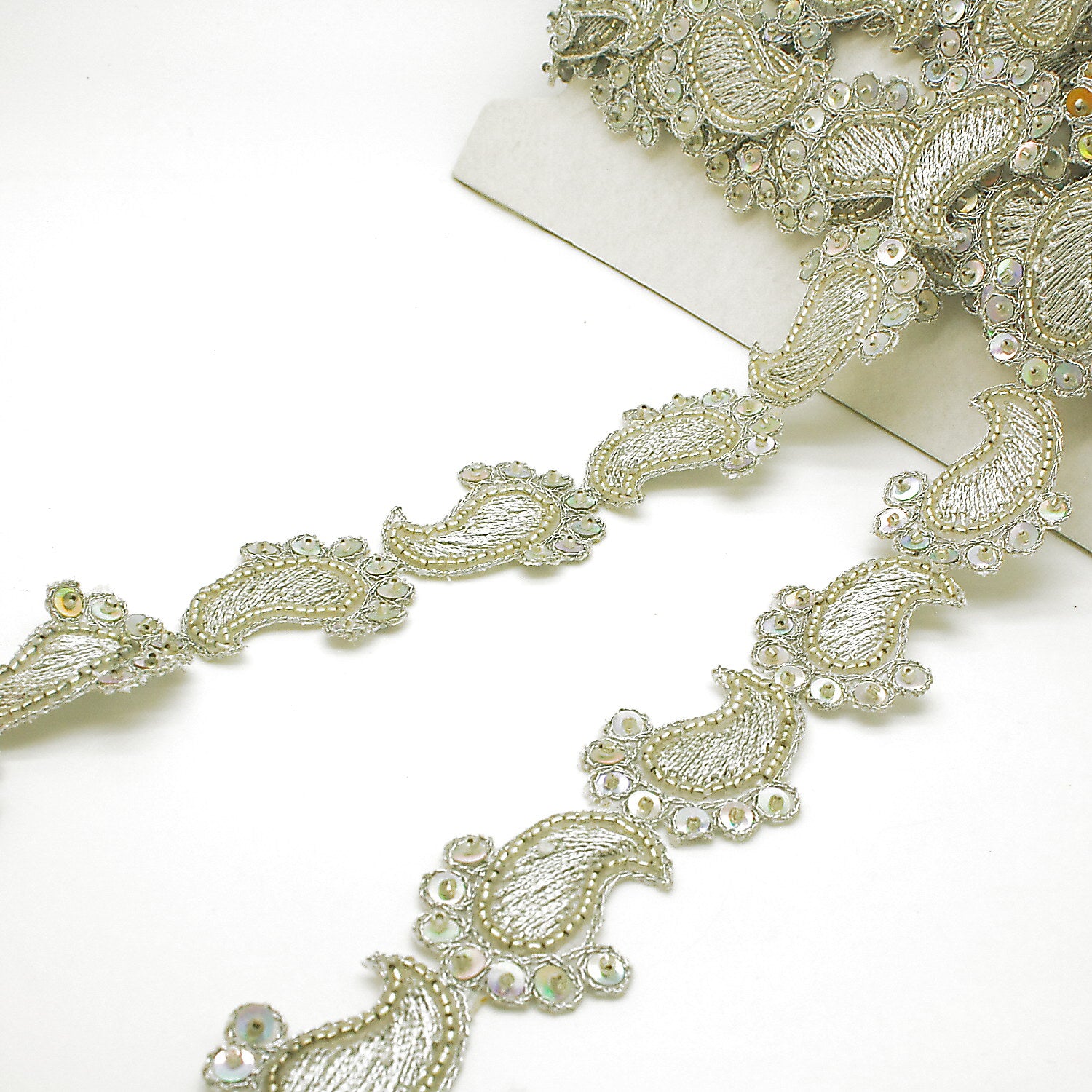 SILVER PAISLEY SEQUIN  BEADED TRIM - sarahi.NYC