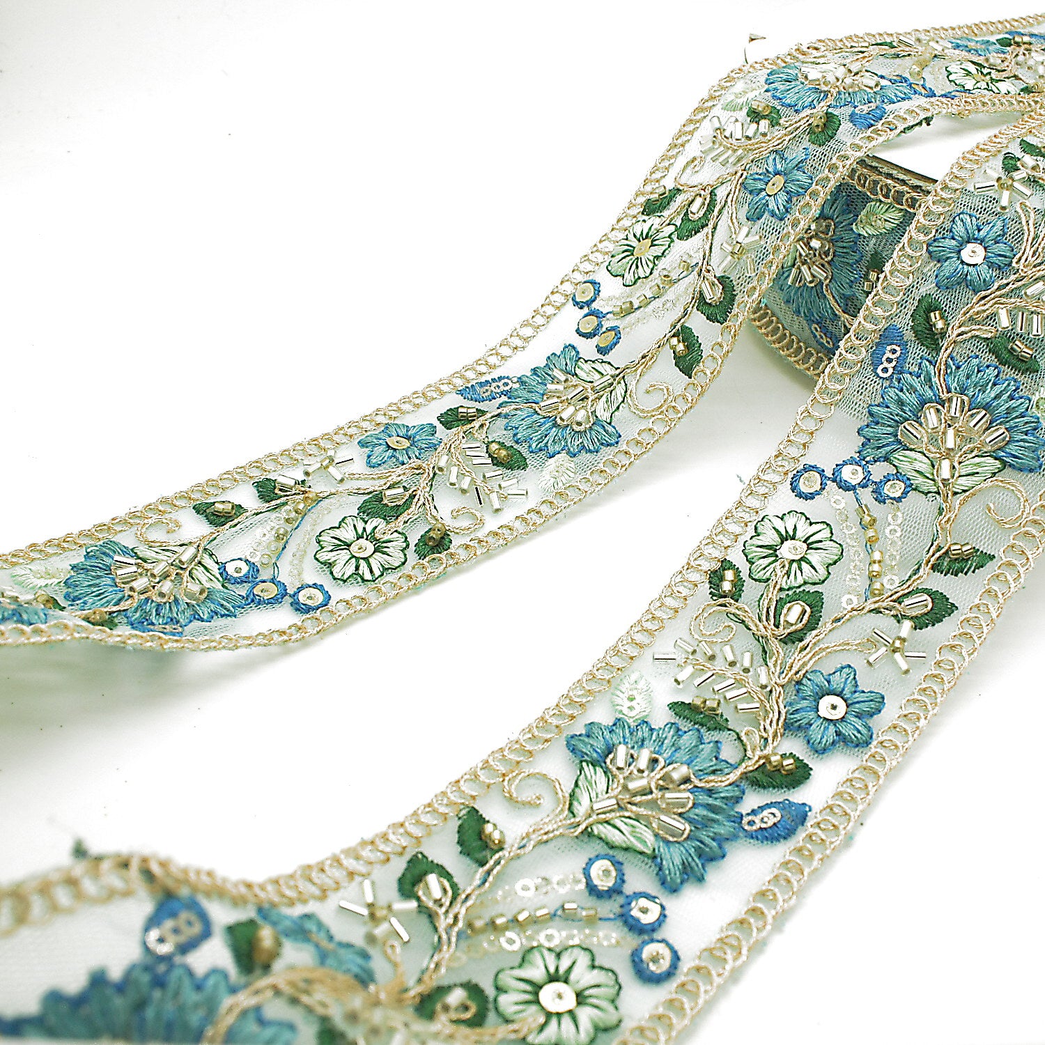 LIGHT BLUE EMBROIDERED BEADED TRIM - sarahi.NYC