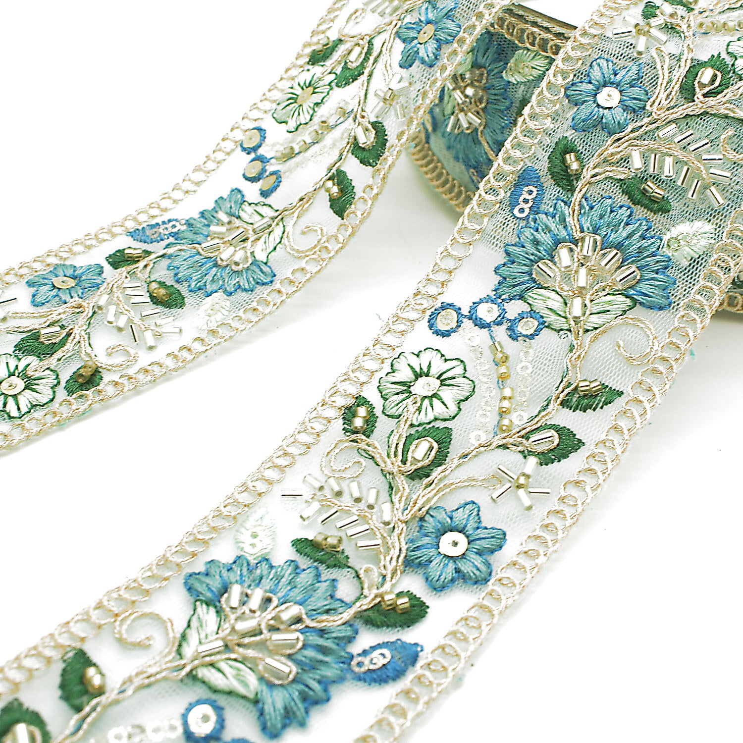 LIGHT BLUE EMBROIDERED BEADED TRIM - sarahi.NYC