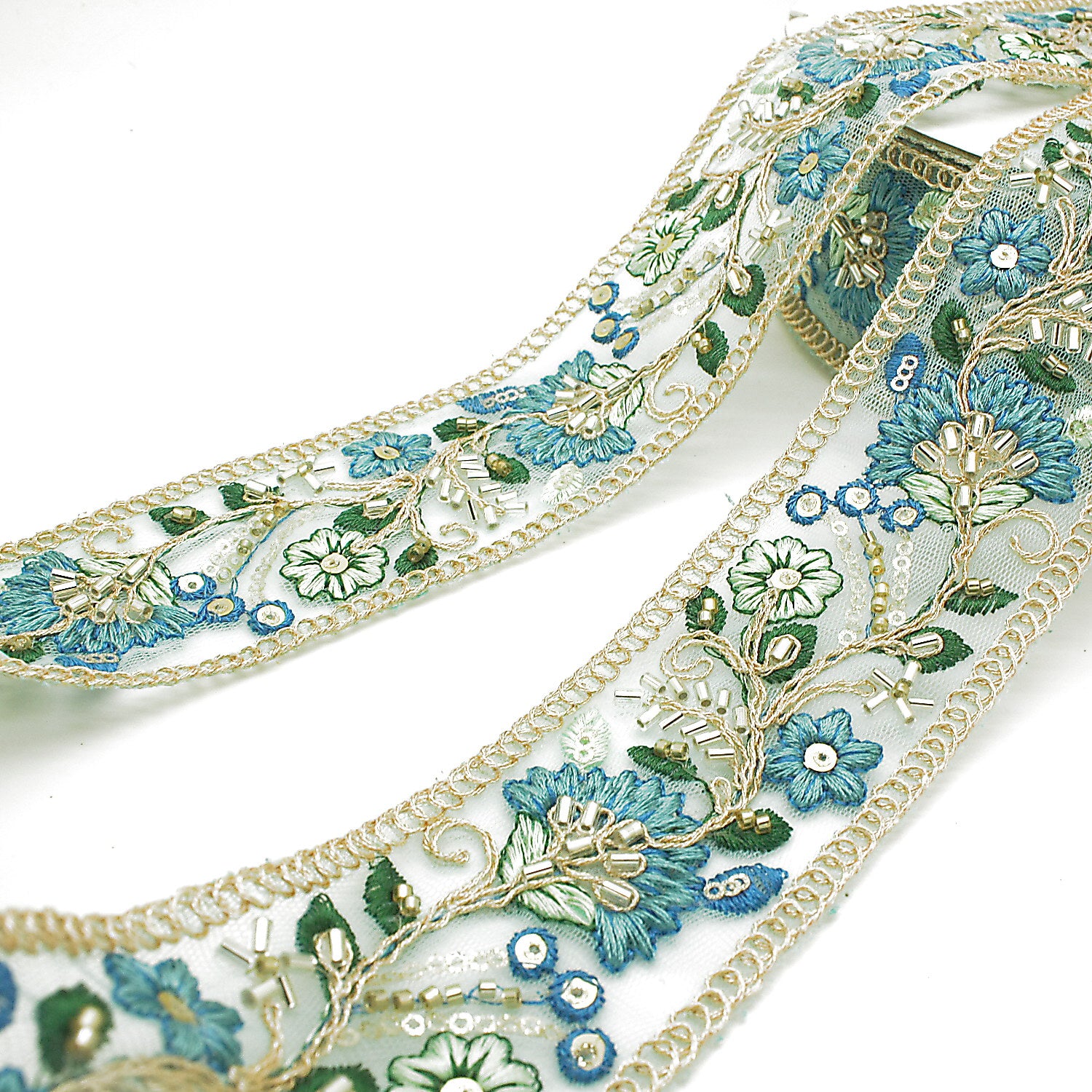 LIGHT BLUE EMBROIDERED BEADED TRIM - sarahi.NYC