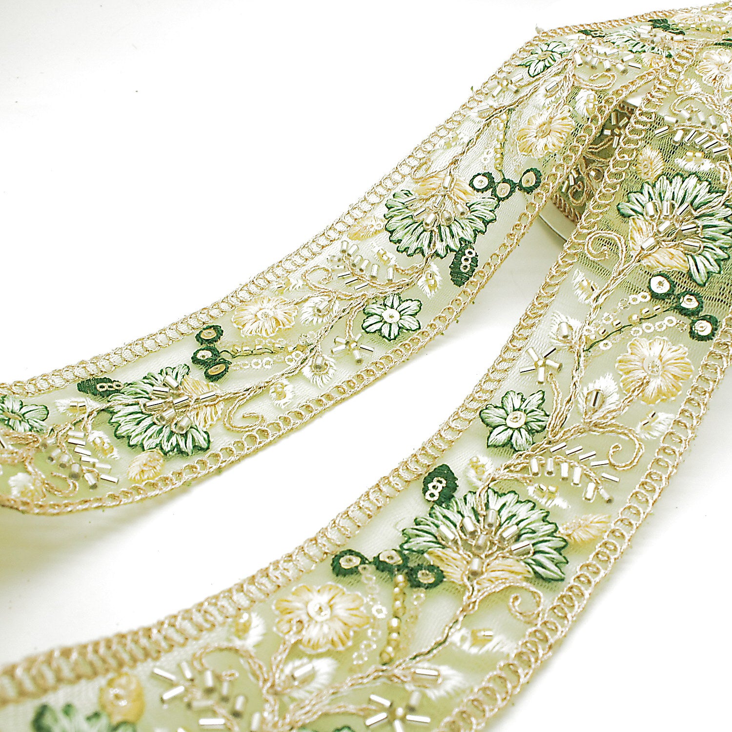 LIGHT GREEN GOLD EMBROIDERED STONE TRIM - sarahi.NYC