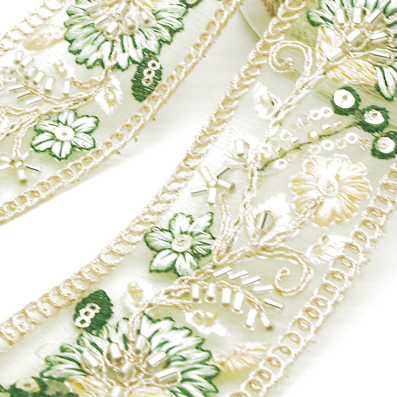 LIGHT GREEN GOLD EMBROIDERED STONE TRIM - sarahi.NYC