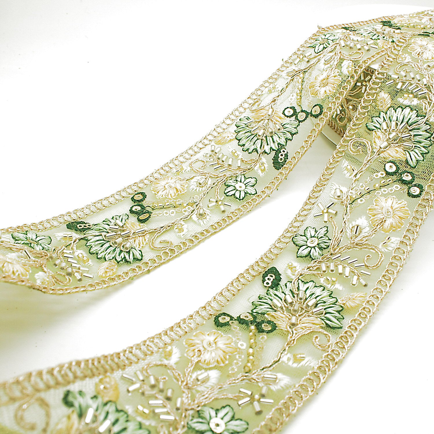 LIGHT GREEN GOLD EMBROIDERED STONE TRIM - sarahi.NYC