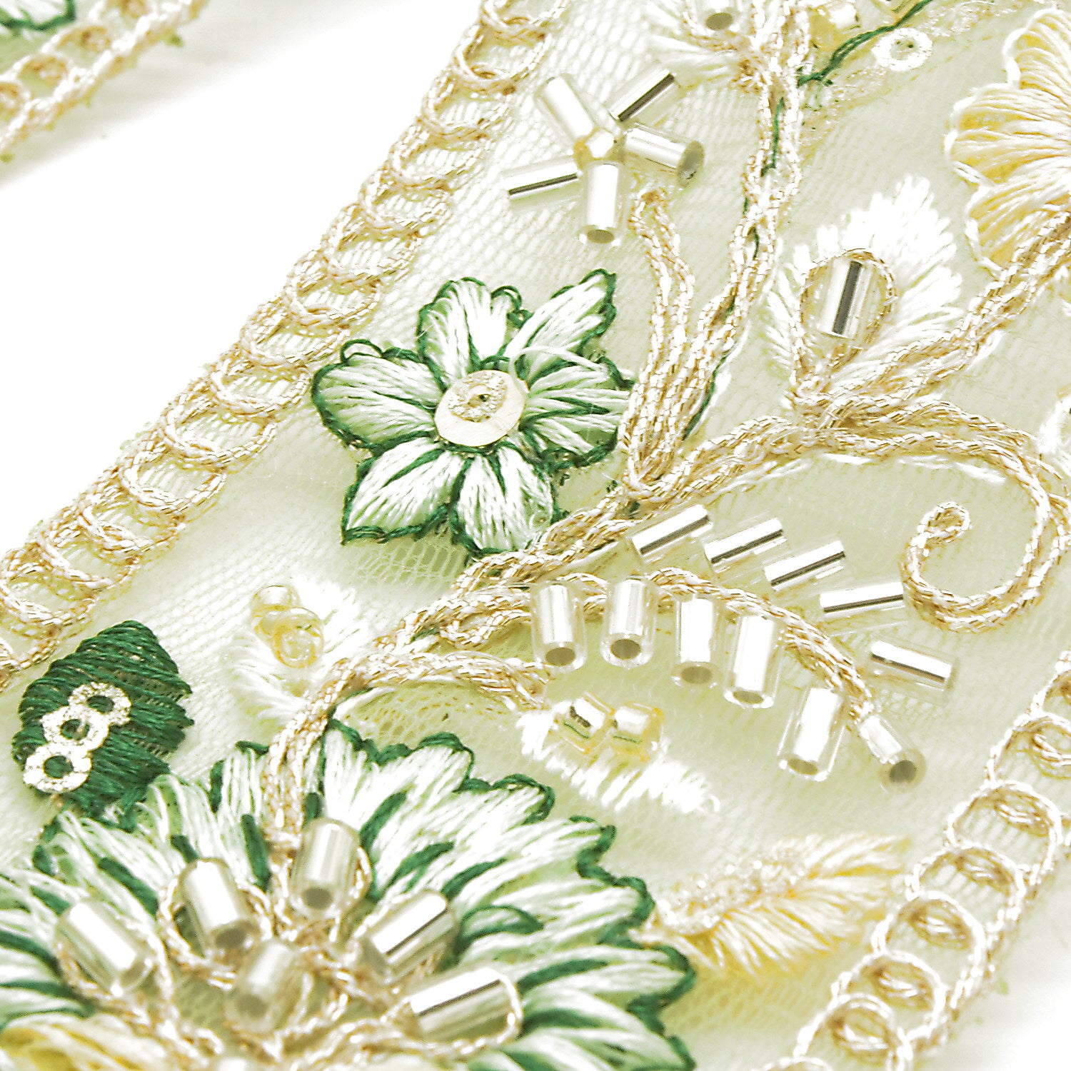 LIGHT GREEN GOLD EMBROIDERED STONE TRIM - sarahi.NYC