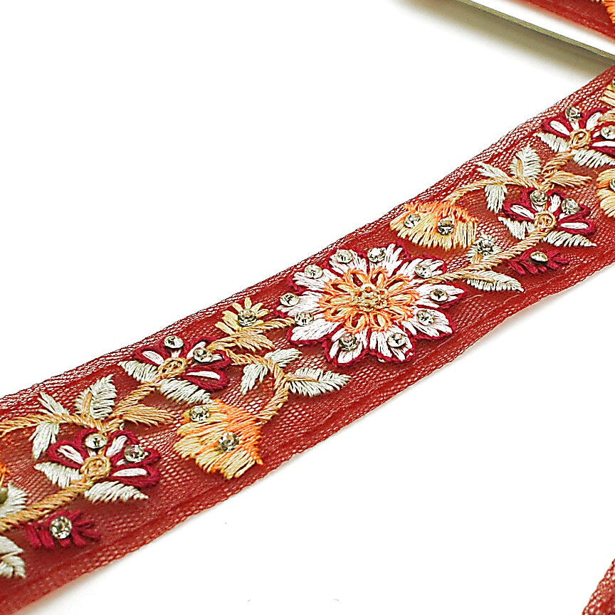 DEEP RED FLORAL STONE TRIM - sarahi.NYC
