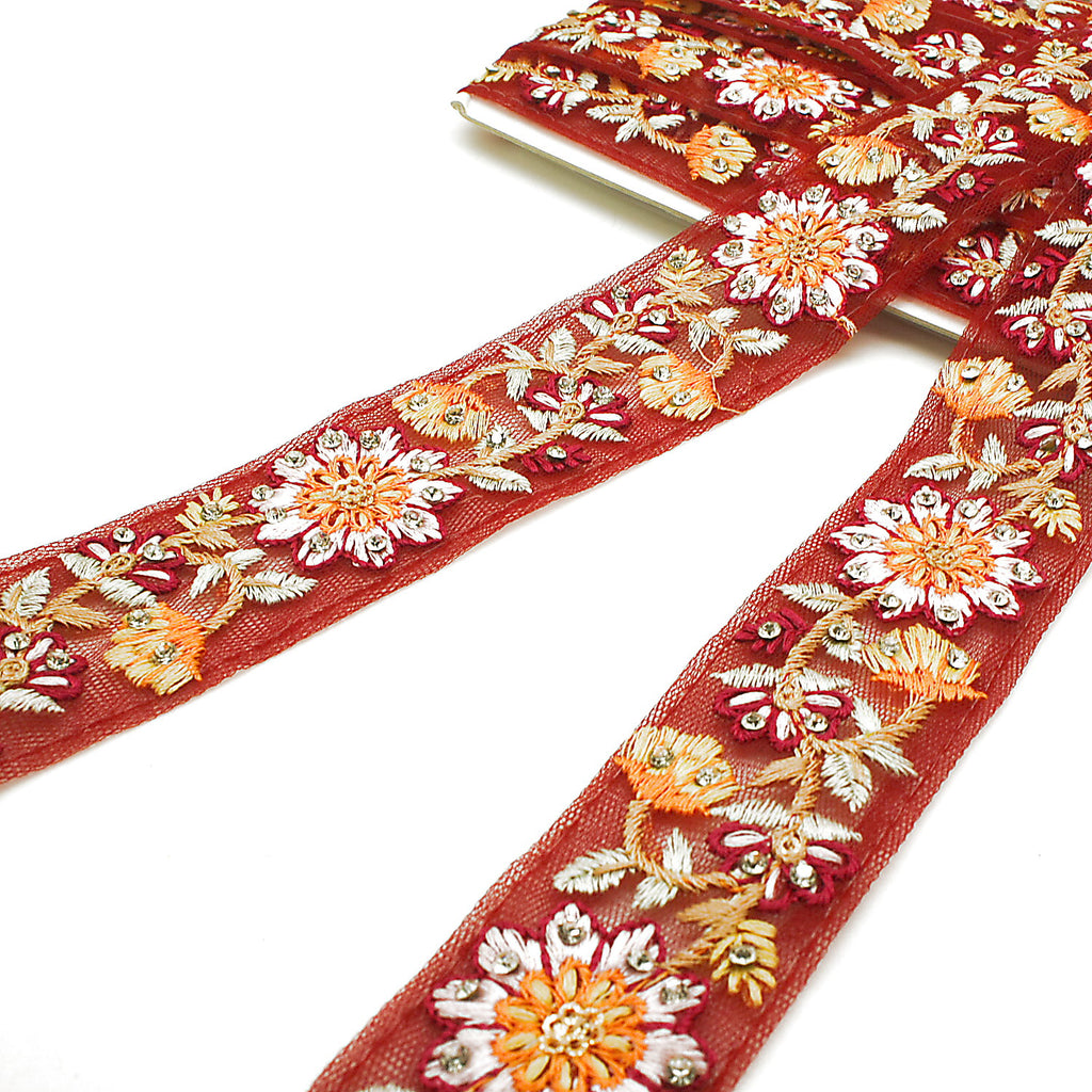 DEEP RED FLORAL STONE TRIM - sarahi.NYC