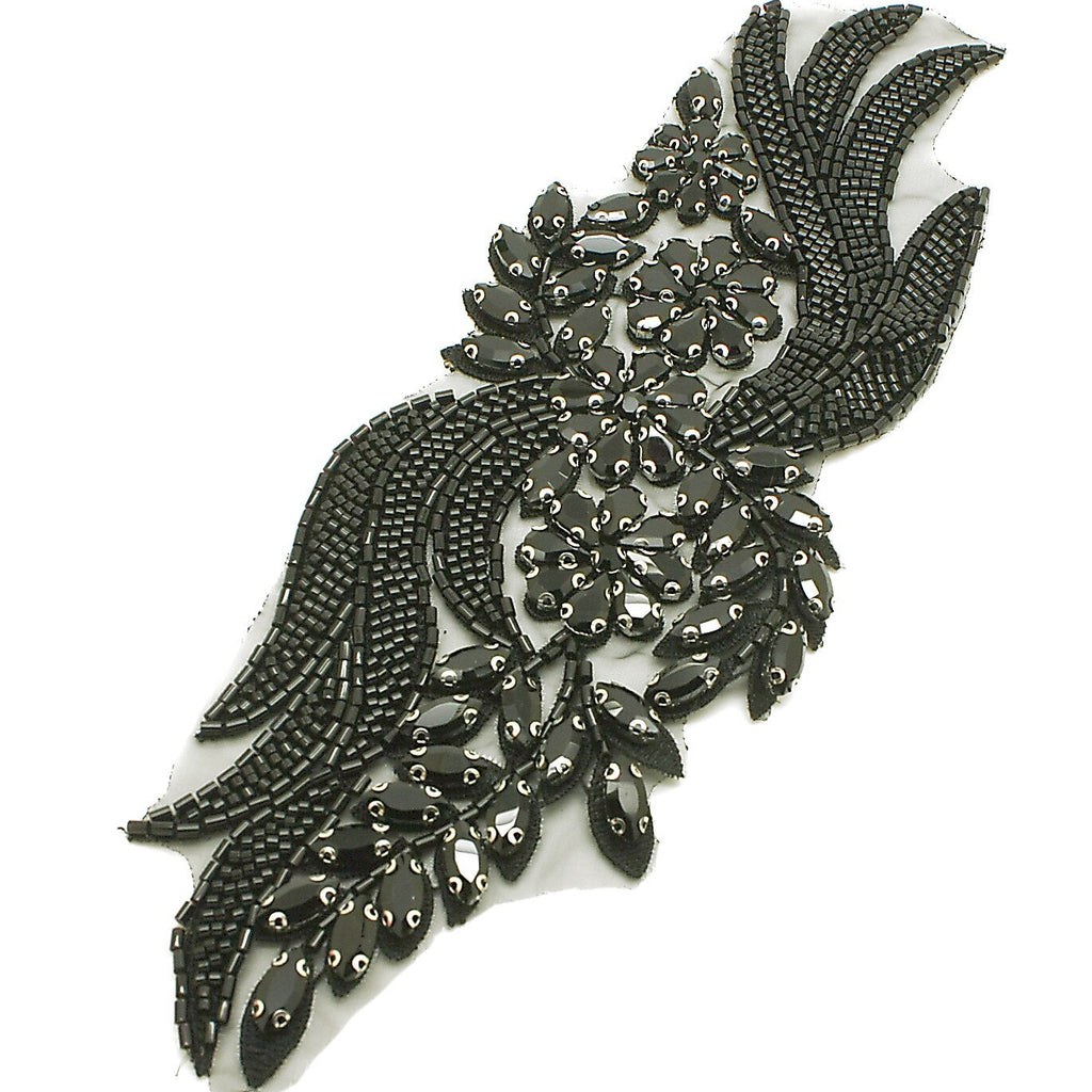 BLACK FLORAL BEADED STONE APPLIQUE - sarahi.NYC