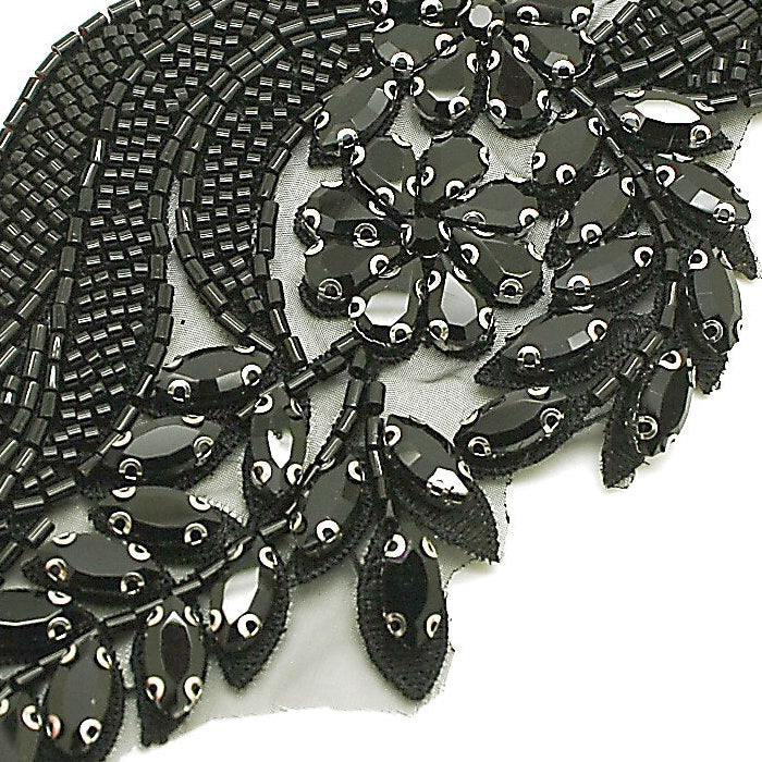 BLACK FLORAL BEADED STONE APPLIQUE - sarahi.NYC