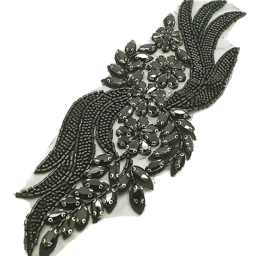BLACK FLORAL BEADED STONE APPLIQUE - sarahi.NYC